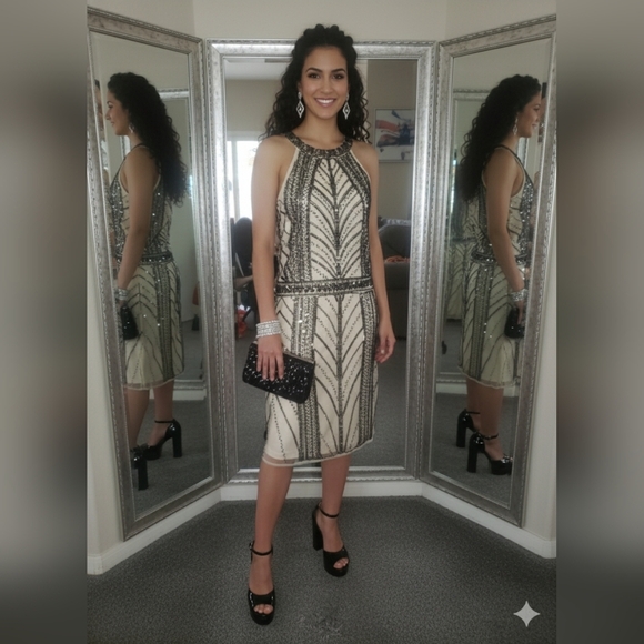 Glam Gatsby Holiday Flapper Art Deco Sequin Whimsigoth Beaded Midi Dress New - Picture 1 of 8